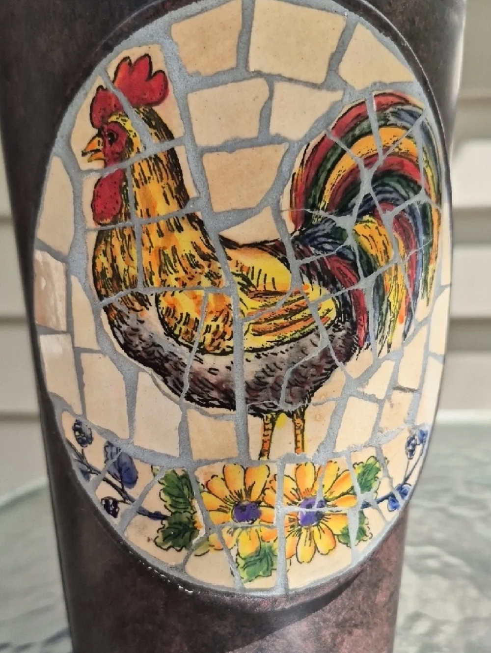 Vintage Rustic Metal Mosaic pique assiette Rooster Farmhouse Vase Tin